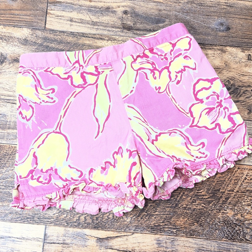 Lilly Pulitzer Floral Shorts Girls Medium 6-7 Ruffle‎ Hem Coastal Beach Summer